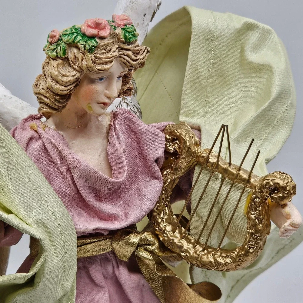 Vtg Angel Christmas Tree‎ Topper Figurine Pink Gown Gold Harp Resin Fabric 10